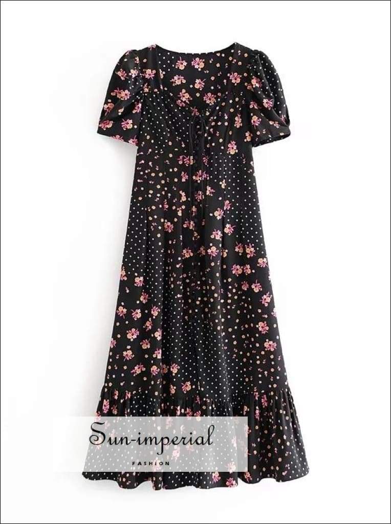 Vintage Black Floral Dot Printed Patchwork Short Sleeve Loose Maxi Dress with Bow Tie Buttons detail Unique style, vintage style 