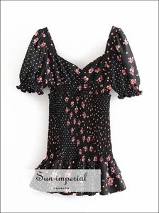 Vintage Black Floral Dot Printed Patchwork Short Sleeve Loose Mini Dress with Ruffle Hem detail chick sexy style SUN-IMPERIAL United States