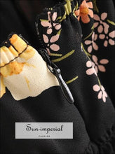 Vintage Black with Yellow Floral Print Chiffon Tie Cami Strap Summer Mini Dress Ruffles Edge cami strap edge details SUN-IMPERIAL United 