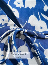 Vintage Blue Center Tie Long Sleeve Dress with Floral Print Split front Midi ceam dress orange floral print, dress, flower flowers High 