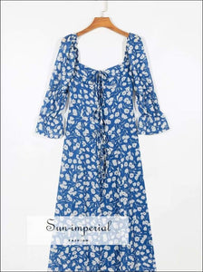 Vintage Blue Center Tie Long Sleeve Dress with Floral Print Split front Midi ceam dress orange floral print, dress, flower flowers High 
