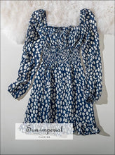 Vintage Blue Dot Print Mini Dress with Long Puff Sleeve Square Collar Cut