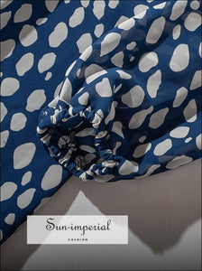 Vintage Blue Dot Print Mini Dress with Long Puff Sleeve Square Collar Cut
