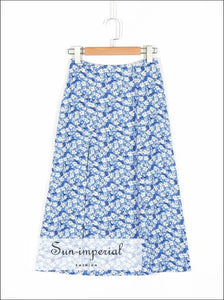 Vintage Blue Floral Print Crop top and Midi Skirt Two Piece Set Short Sleeve Blouse 1 Top, Top And piece set blouse skirt SUN-IMPERIAL 