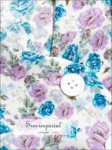 Vintage Blue Pink Floral Print Women Midi Dress Short Sleeve Center Buttoned V Neck Dress