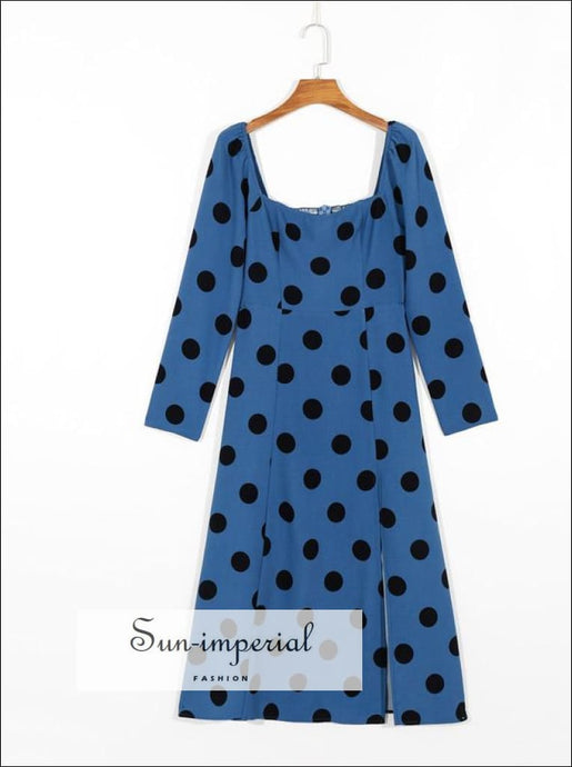 Vintage Blue Polka Dot Long Sleeve Dress Square Collar front Split Midi Dress
