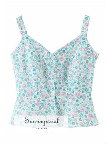 Vintage Blue with Pink Floral Print Tank top Cami Strap Slim Cut Buttoned Women top