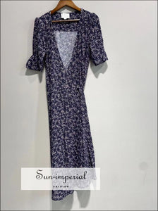 Vintage Blue Wrap Floral Short Sleeve Midi Dress Dress, vintage style, vintagestyle, vintge style SUN-IMPERIAL United States
