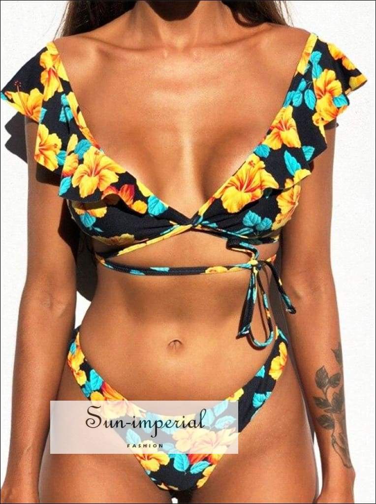 Vintage Boho Floral Print 2 Piece Set Bikini Swimwear Women Summer Ruffle Contrast Swimsuit Ethnic SUN-IMPERIAL United States