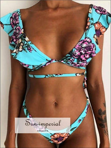 Vintage Boho Floral Print 2 Piece Set Bikini Swimwear Women Summer Ruffle Contrast Swimsuit Ethnic SUN-IMPERIAL United States