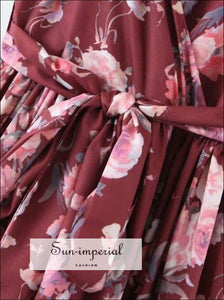 Vintage Brown Floral Maxi Puff Sleeve Dress Ruffles Decor Dress