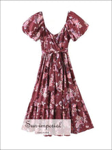 Vintage Brown Floral Maxi Puff Sleeve Dress Ruffles Decor Dress