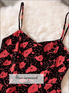 Vintage Cami Strap Black and Red Flower Print Sleeveless Summer