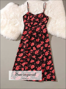 Vintage Cami Strap Black and Red Flower Print Sleeveless Summer