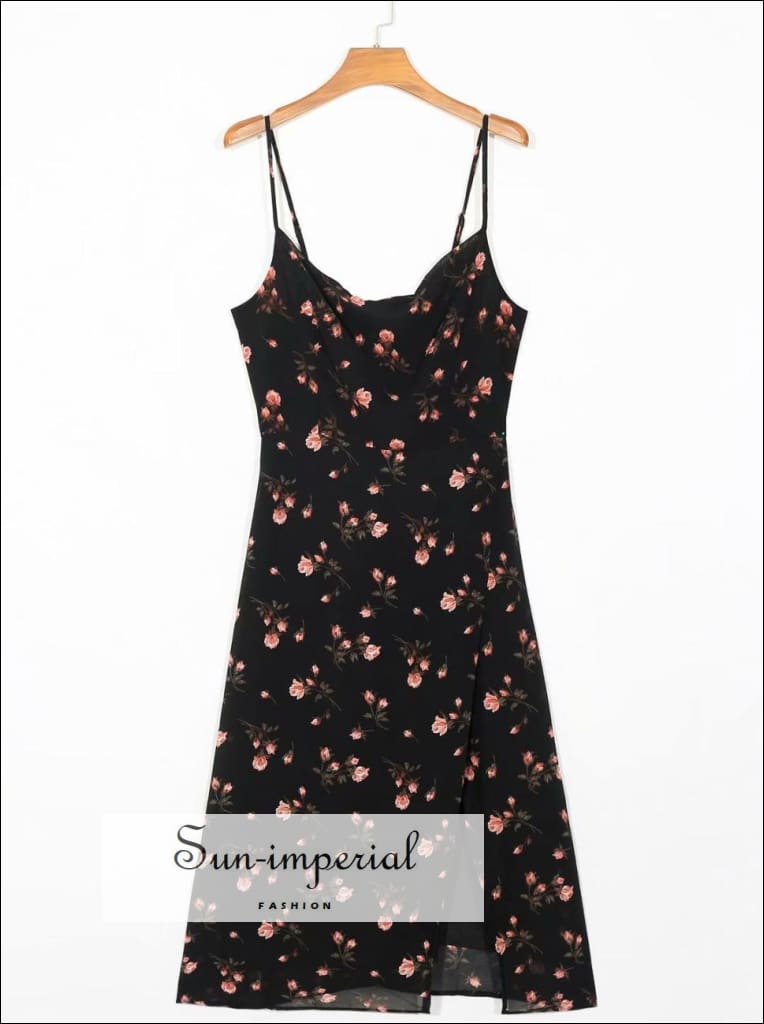 Vintage Cami Straps Black Chiffon Women Dress Pink Floral Print Summer Midi Dress
