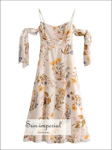 Vintage Cream Floral Print Cami Drop Shoulder Tie Strap Midi Dress Beach Style Print, bohemian style, boho elegant harajuku style 