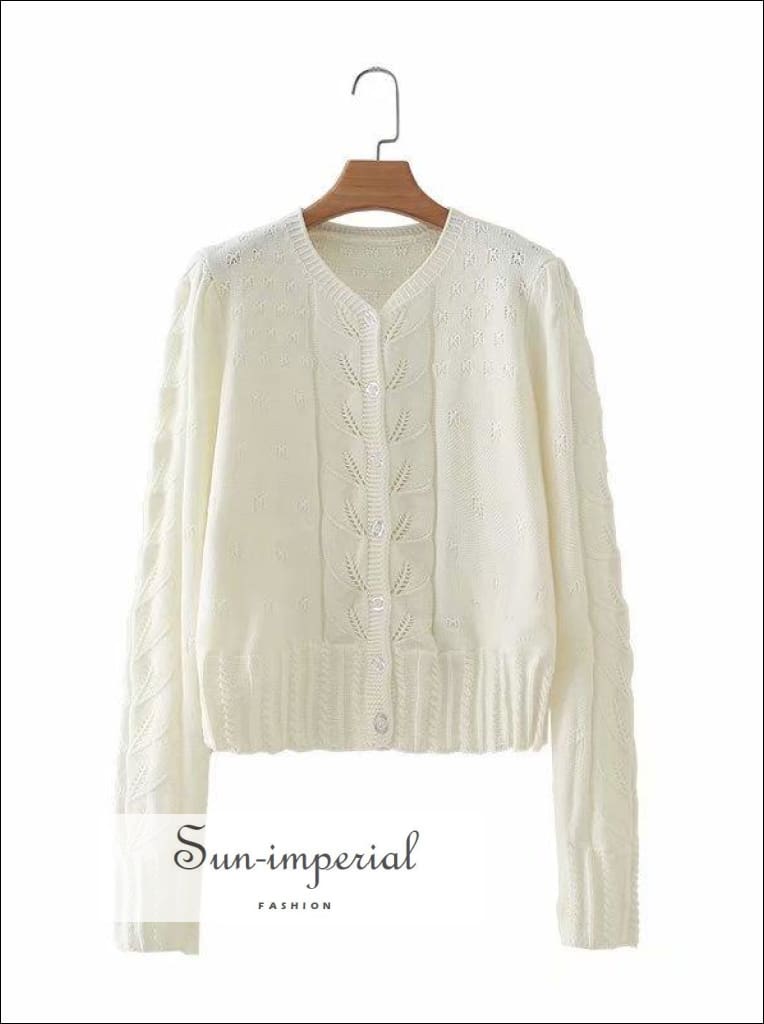 Vintage Cream Long Sleeve Women Knitted Cardigan Twist front Sweater cardigan SUN-IMPERIAL United States
