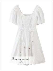 Vintage Embroidery Hole Stitching Lace Cross Lacing up Short Sleeve Short Dress for Woman White