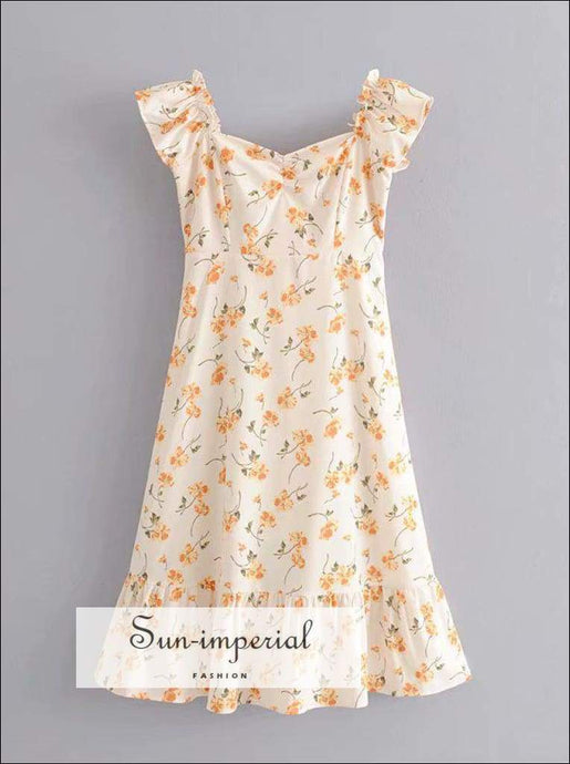 Vintage Fashion Center Ruched Beach Women Yellow Floral Print Ruffles Vintage off the Shoulder Midi