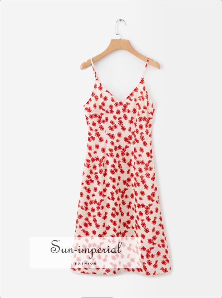 Vintage Floral Daisy Women Slip Midi Dress Summer V Neck Cami Strap Backless Casual Sundress SUN-IMPERIAL United States