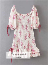 Vintage Floral Dress Women Summer Square Collar Ruffle Elastic Latern Sleeve Ruched Dress Vintage
