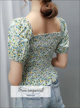 Vintage Floral Print Short Puff Sleeve Square Collar Women Blouse Ruffled Decor top