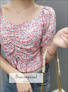 Vintage Floral Print Short Puff Sleeve Square Collar Women Blouse Ruffled Decor top