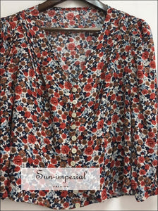Vintage Floral Print Women Button-down 3/4 Sleeve Blouse Casual top vintage style SUN-IMPERIAL United States