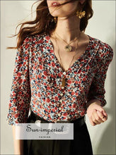 Vintage Floral Print Women Button-down 3/4 Sleeve Blouse Casual top vintage style SUN-IMPERIAL United States