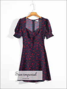 Vintage Floral Print Women Mini Dress Summer Square Collar Puff Sleeve Chiffon Casual Elegant SUN-IMPERIAL United States