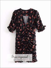 Vintage Floral Print Women Mini Dress V Neck Short Sleeve Half Ruffle Dress Boho Vintage Summer