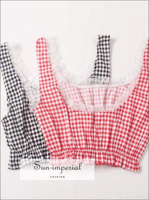 Vintage Girl Feelings Sun-imperial Crop Plaid Tank top with Lace High Street Fashion