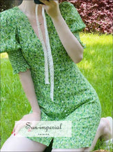 Vintage Green Floral Mini Dress Deep V-neck Puff Sleeve Summer SUN-IMPERIAL United States