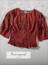 Vintage Green Lantern Sleeve O Neck Stone Print Cropped Women Blouse Red Cropped top