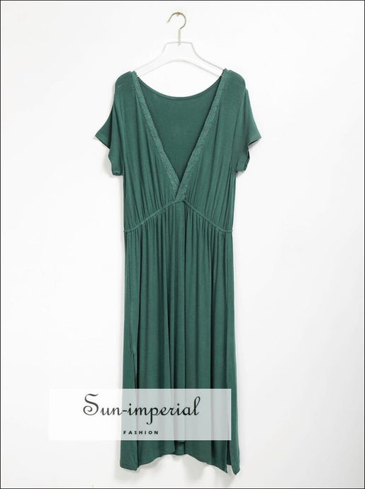 Vintage Green O Neck Casual Backless Women Short Sleeve Midi Dress with Lace and side Slit detail backless, backless maxi dress, Basic 