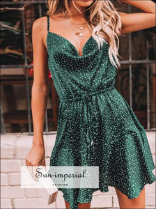 Vintage Green Polka Dot Stain Dress Women Summer Strap Backless Short Dress Boho Stylish Party Dress