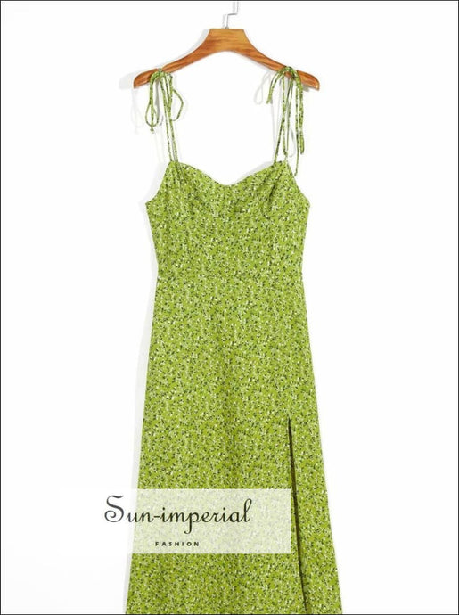 Vintage Green White Floral Print Midi Dress with side Split and Tie Dye Cami Straps white midi dress Side tie dye cami straps SUN-IMPERIAL 