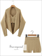 Women Khaki Knitted 3 Pieces Sweater Long Sleeve Cardigan Set With High Waist Shorts And Cami sweater Sun-Imperial United States