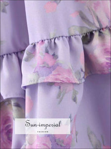 Vintage Lavender Floral Maxi Puff Sleeve Dress Ruffles Decor Dress
