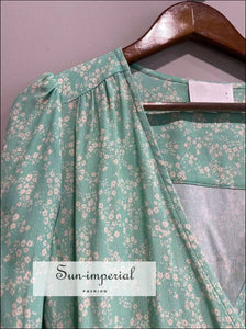 Vintage Light Blue Floral Print Half Sleeve Wrap top Casual Women Blouse vintage style, half sleeve Top women blouse, vintagestyle, vintge 