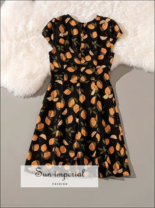 Vintage Mini Black Lemon Print Summer Dress Short Sleeve O Neck SUN-IMPERIAL United States