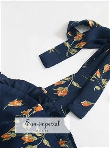 Vintage Navy Blue Floral Tie Cami Strap Midi Dress A-line Cut with Ruffle Decor Beach Style Print, blue floral navy midi dress, bohemian 
