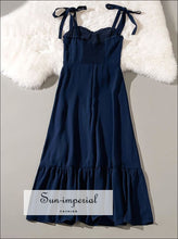 Vintage Navy Blue Tie Cami Strap Midi Dress A-line Cut with Ruffle Decor