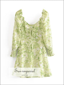 Sun-imperial - vintage pastel green tie dye mini dress long sleeve square collar high waist ruched 6291 / S Sun-imperial - vintage pastel green tie dye mini dress long sleeve square collar high waist ruched 6291 / S