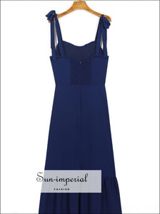 Vintage Plain Blue Tie Cami Strap Midi Dress A-line Cut with Ruffle Decor bohemian style, boho corset harajuku Summer Beach Style 