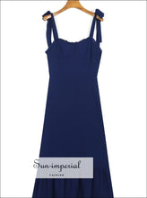 Vintage Plain Blue Tie Cami Strap Midi Dress A-line Cut with Ruffle Decor bohemian style, boho corset harajuku Summer Beach Style 