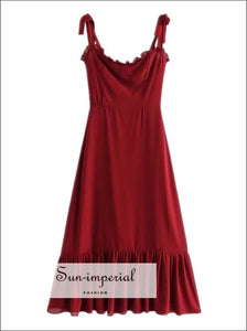Vintage Plain Red Tie Cami Strap Midi Dress A-line Cut with Ruffle Decor blue navy dress, bohemian style, boho harajuku red midi dress 