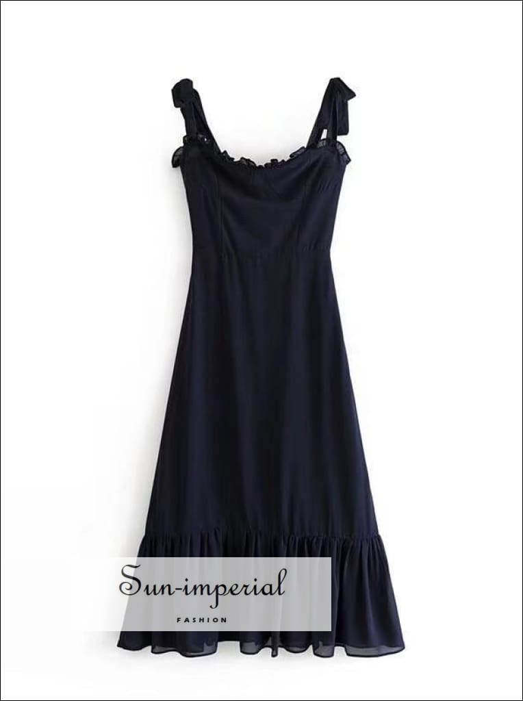 Vintage Plain Red Tie Cami Strap Midi Dress A-line Cut with Ruffle Decor blue navy dress, bohemian style, boho harajuku red midi dress 