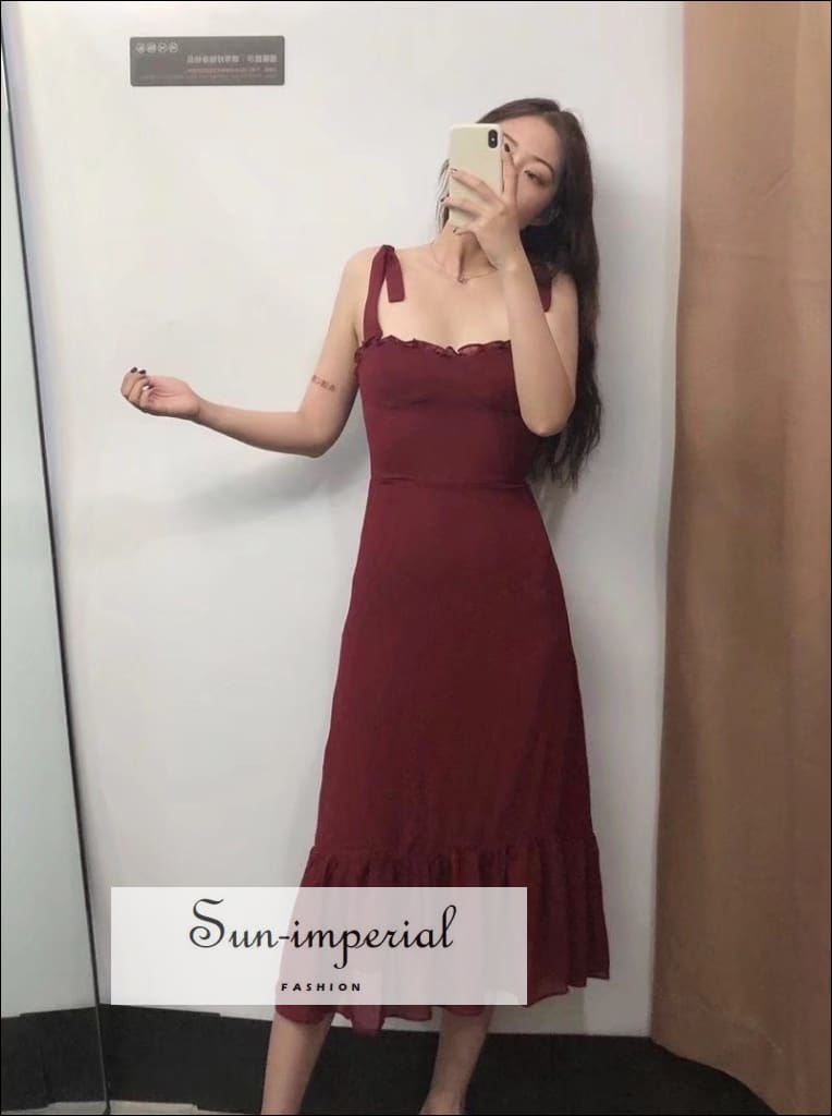Sun-Imperial - Vintage Plain Red Tie Cami Strap Midi Dress A-Line Cut with Ruffle Decor Navy Blue / L Sun-Imperial - Vintage Plain Red Tie Cami Strap Midi Dress A-Line Cut with Ruffle Decor Navy Blue / L