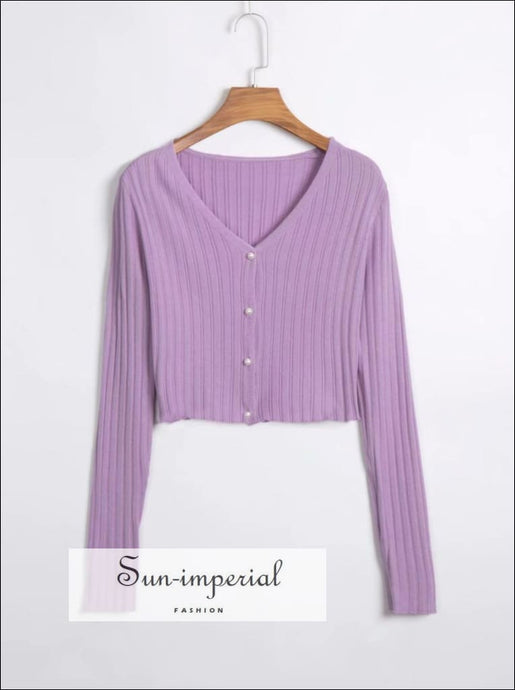 Vintage Purple Crop Cardigan Sweater with Pearl Buttons Knit